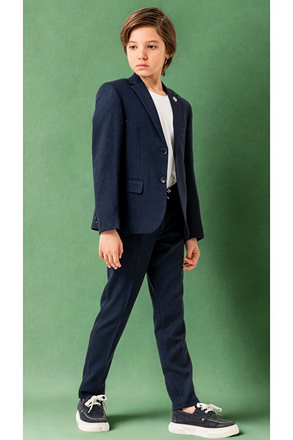 Atlas Kids Keten Jogger Erkek Çocuk Takım Elbise – Ceketli Pantolonlu Tişörtlü Yaka Broşlu 4’lü Set