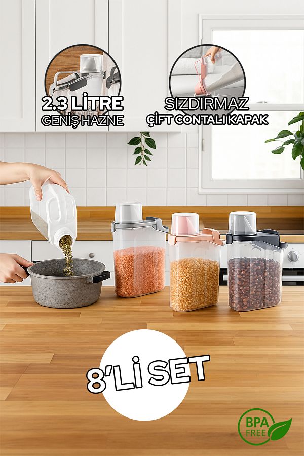 Siyempi-Set of 8 2300ml Unbreakable Food, Pulses Storage Container Set Leakproof Double Seal Lid with Scale 1
