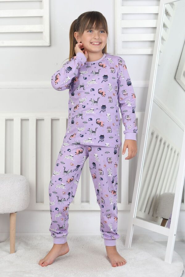 zuzunga Uzun Kollu Cute Cat Desenli Kız Çocuk Pijama Takımı