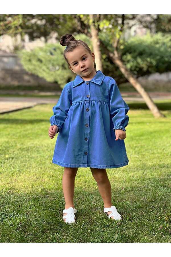 Pollito Kız Çocuk Gömlek Yaka Detay Önü Düğmeli Robalı Kot Elbise