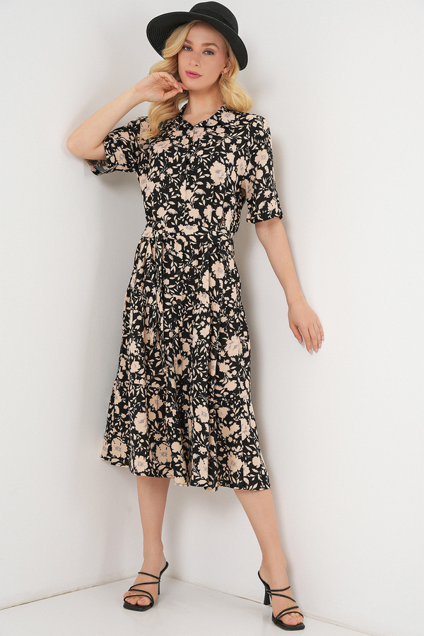 Merterium Women's Short Sleeve Patterned Dress Black 1181
