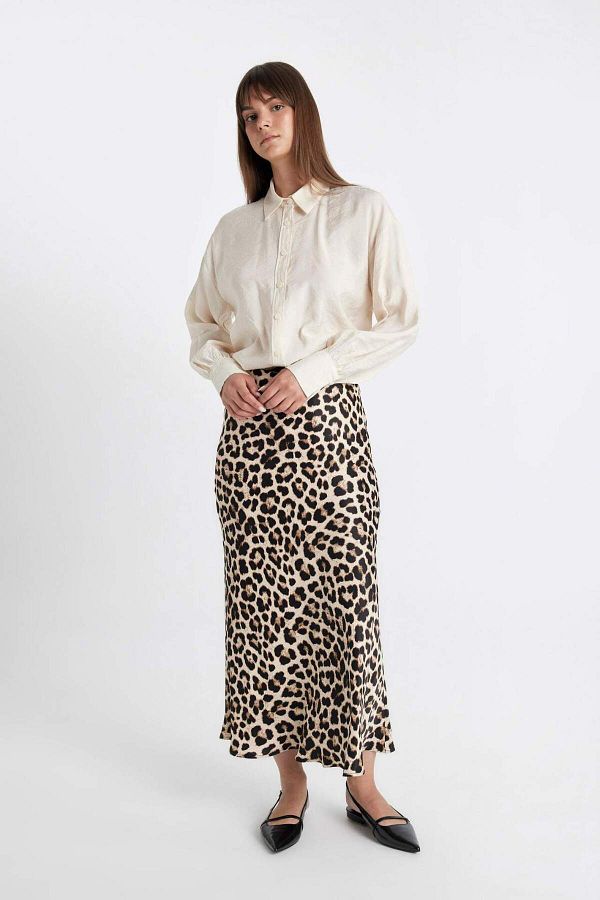 DeFacto-High Waist Leopard Patterned Satin Skirt - Long/Maxi Size D3905Axns 1