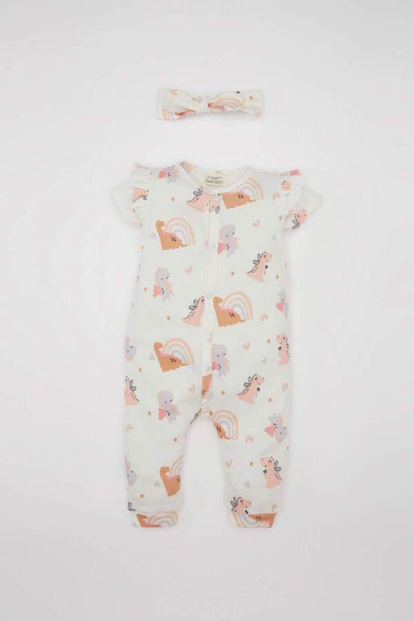 Defacto Kız Bebek Yenidoğan 2'li Takım Dinazor Baskılı Kısa Kollu Waffle Tulum Bandana C9484A524SM