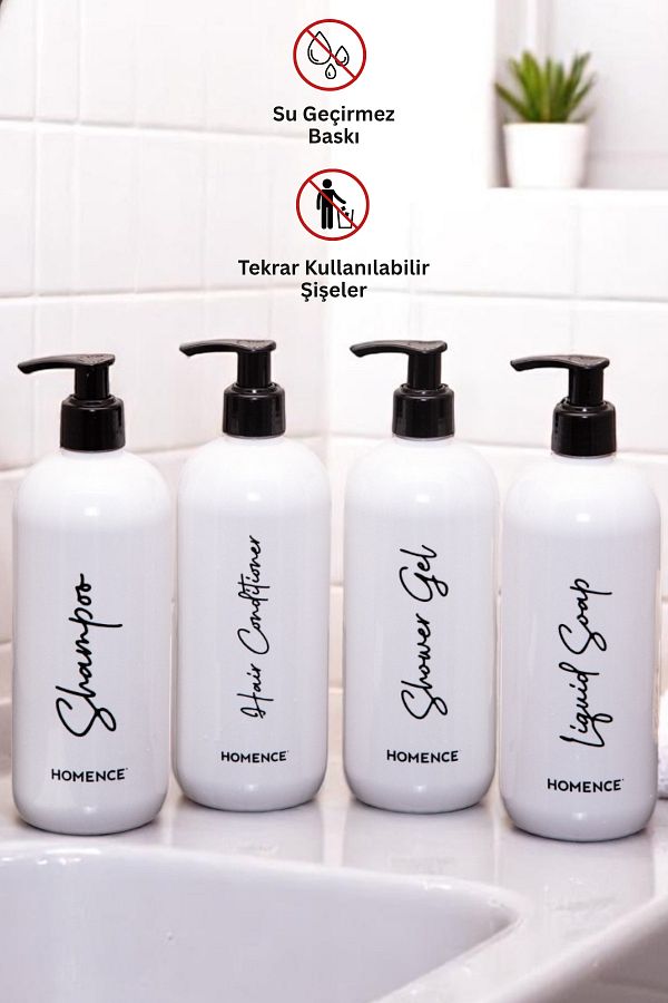 homence-Σετ 4 Σαμπουάν Αφρόλουτρο Conditioner Υγρό Σαπούνι Εκτυπωμένο Πλαστικό Μπουκάλι Σετ Μπάνιου Λευκό Δοχείο σαπουνιού 500ml 1