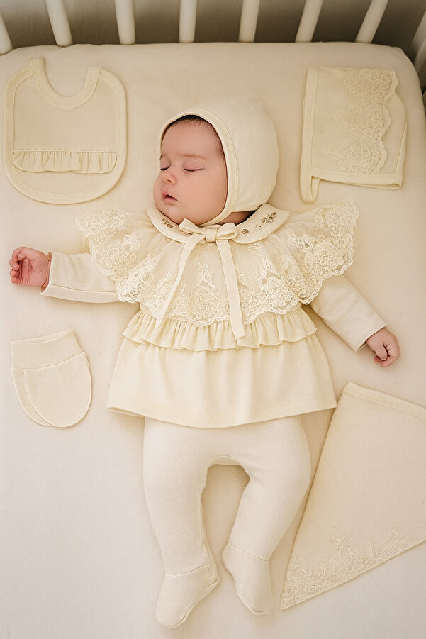 Cherub Baby Mobil Dantel Yaka Tüllü Kız Bebek Yenidoğan 5 Parça Hastane Çıkışı Zıbın Seti