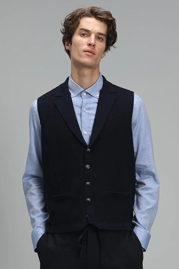 Lufian-Level V Neck Vest Navy Blue 1