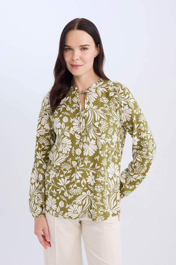 DeFacto-Regular Fit Lace-Up Collar Pattern Long Sleeve Blouse N1809Az24Sp 1