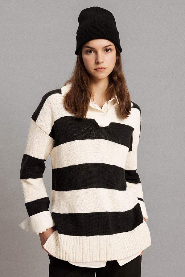 DeFacto-Regular Fit Poloshirt mit gestreiftem Strickpullover Tunika B8370AX24SP 1
