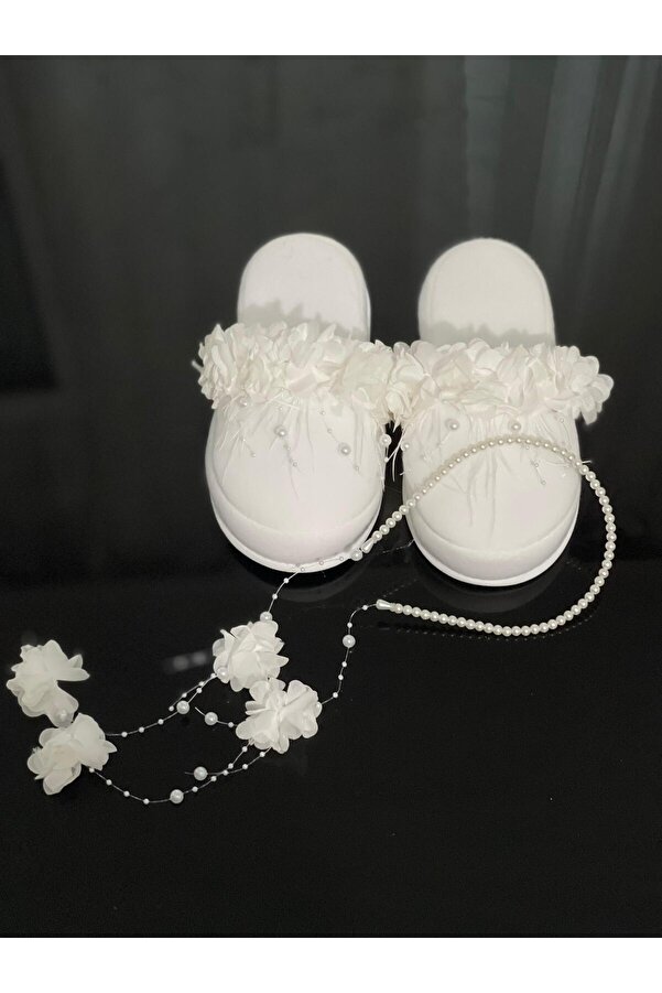 Hüner aksesuar Kadın Beyaz Lohusa Taç Terlik Set