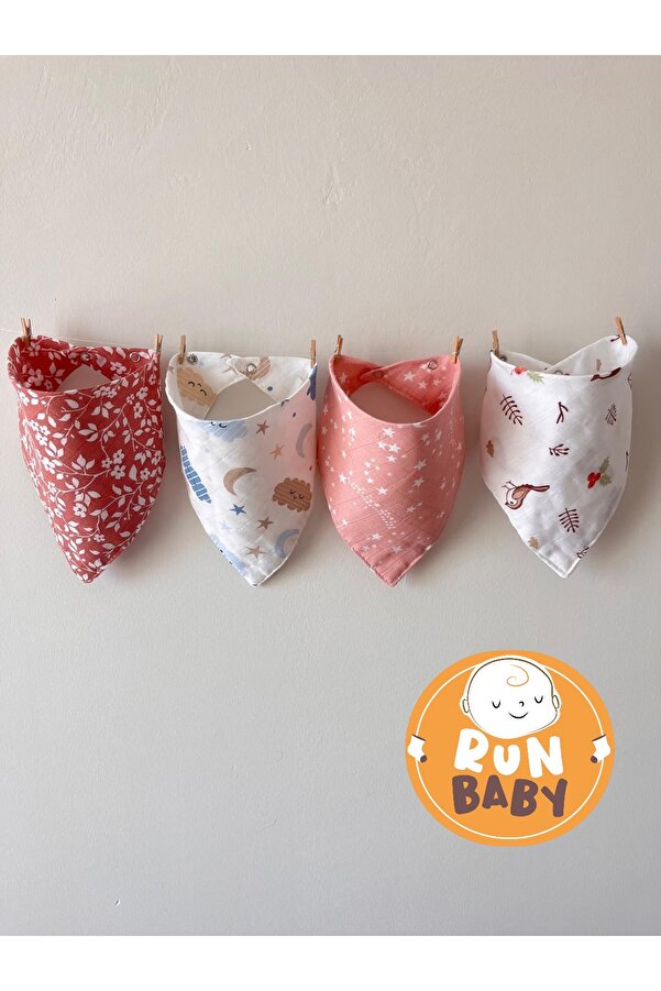 runbaby Müslin Kumaş Çıtçıtlı Bebek Salya Önlük & Fular (4 ADET)