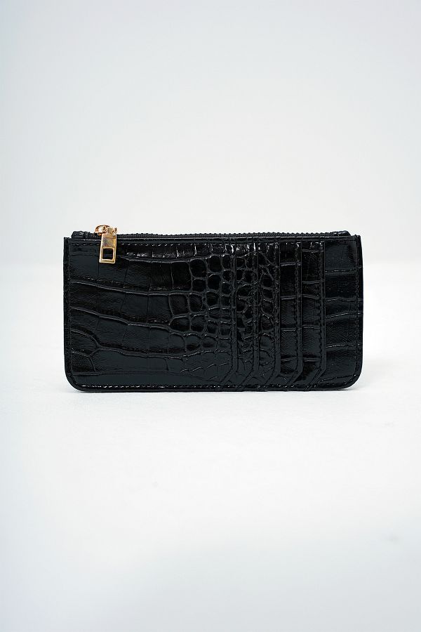 VAGGON-Women's Black Synthetic Leather Zippered Currency Compartment Croco Pattern Thin Card Holder Prmx14078 1