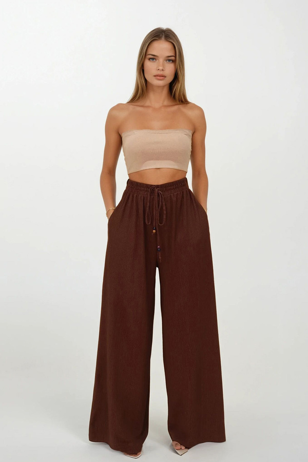 VAGGON-Women's Brown Double Pockets Elastic Waist Tie Palazzo Pants Vs00185 1
