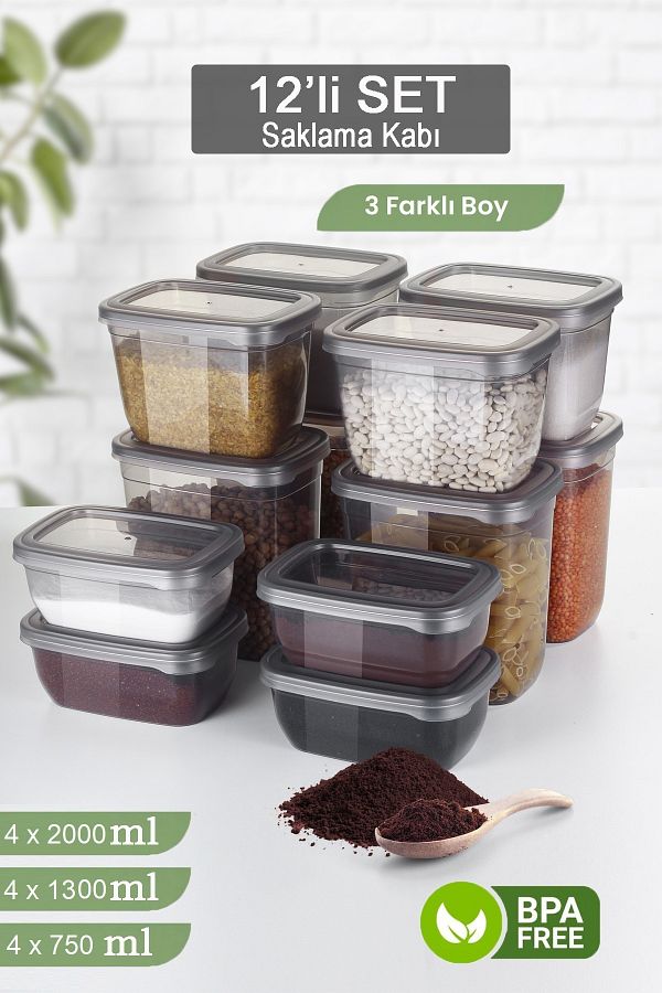 MYBOX-Set of 12 Food Storage Containers - Flour and Pulses Storage Box with Leak-Proof Lid 4X(2000-1300-750ml) 1