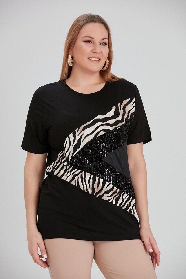 Orly More-Viscose Fabric Plus Size Short Sleeve Leopard and Sequin Detailed Mother Combed Cotton Blouse 1