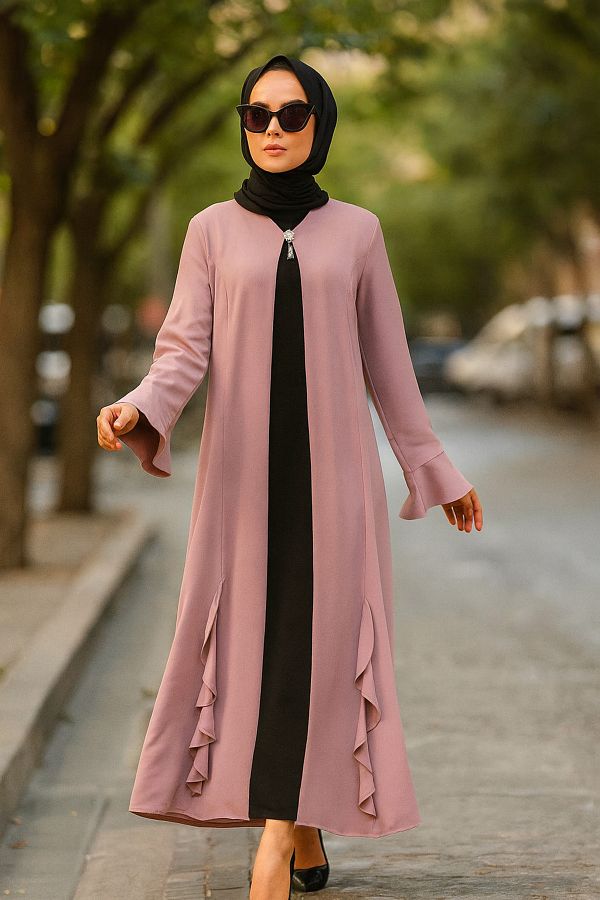 Neva Style-Ruffle Detailed Powder Hijab Abaya 1535Pd 1