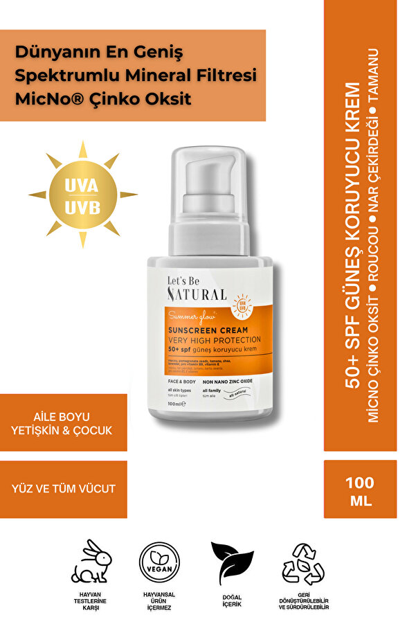 Let's Be NATURAL 50+ Spf Güneş Koruyucu Krem 100 ml Aile boyu, Yeni Nesil Çinko Oksit, Roucou, Tamanu, Doğal İçerik