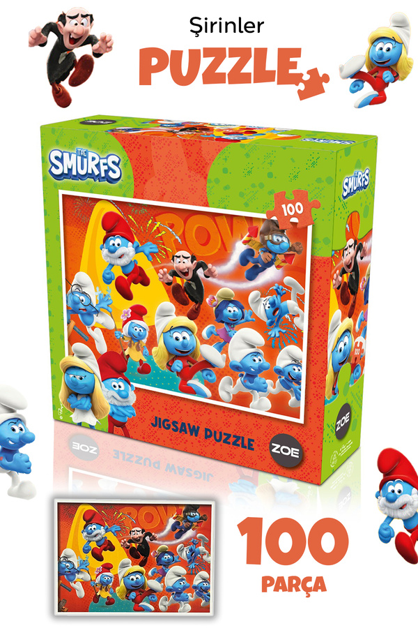 Meleni Toys 100 Parça Şirinler Puzzle Seti - Çizgi Karakter Figürlü 6-7 Yaş Eğitici Yapboz Seti 34x24 cm
