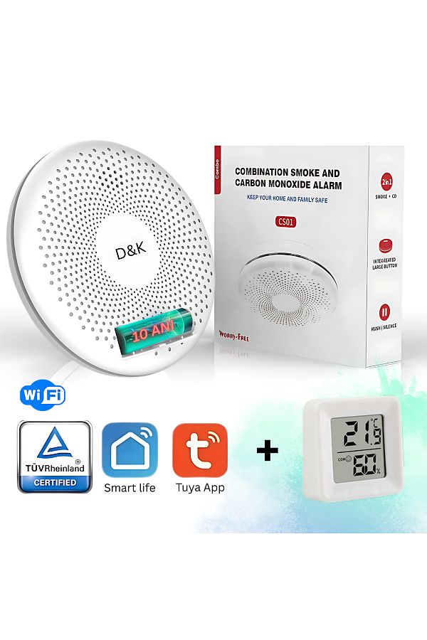 D&K WONDER-Smart 2in1 Smoke & Carbon Monoxide Detector WiFi, Smart Life/Tuya, 85dB Alarm, 10 Year Battery 1