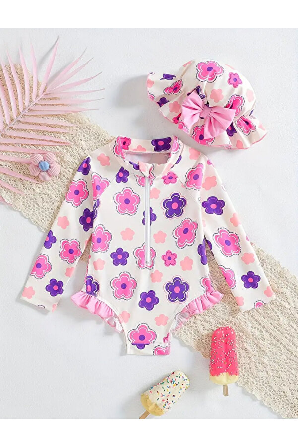 MODA Kız Çocuk Pembe Mor Çiçek Desenli Uzun Kollu Fırfırlı Mayo ve Şapka Takımı