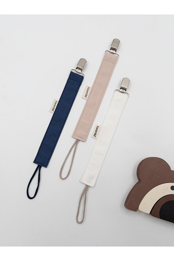 KARAMİLA 3’lü Set Bebek Emzik Askısı - Emzik Zincir i- Lacivert Beyaz Bej