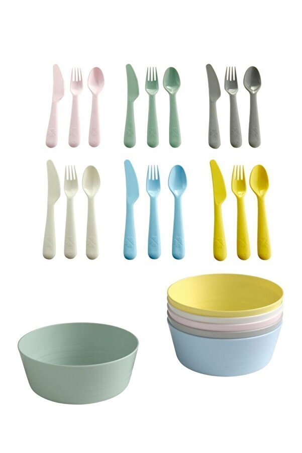 IKEA QUİCK 24 Parça Çocuk Yemek Seti Çok Renkli 6 Kase 6 Kaşık 6 Çatal 6 Bıçak Plastik Mama Set