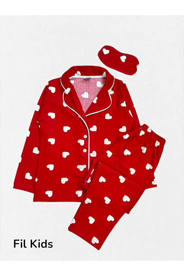 Fil Kids Kız Çocuk Pamuklu Kumaş Süet Kırmızı Kalp Desen Beyaz Biyeli Uyku Bantlı Gömlek Yaka Pijama Takımı