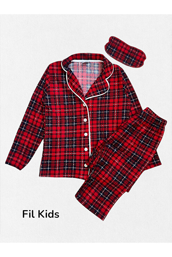 Fil Kids Erkek Çocuk Pamuklu Kumaş Süet Kırmızı Ekose Desenli Uyku Bantlı Biyeli Gömlek Yaka Pijama Takımı