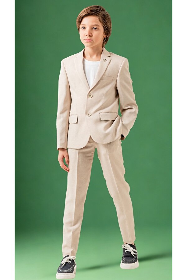 Atlas Kids Keten Jogger Erkek Çocuk Takım Elbise – Ceketli Pantolonlu Tişörtlü Yaka Broşlu 4’lü Set