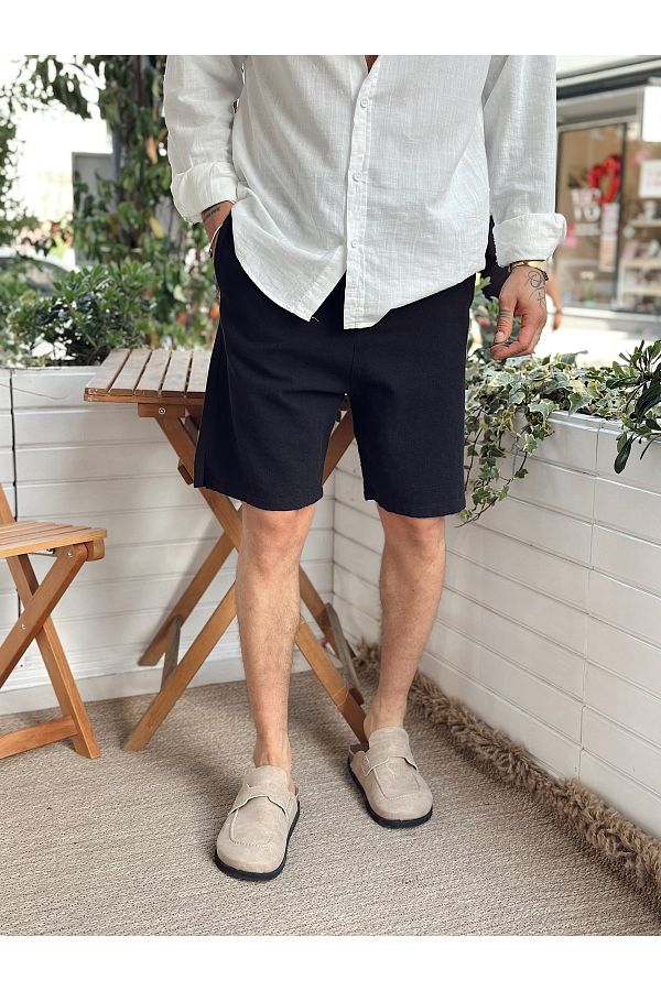 manch collection-Basic Linen Shorts with Drawstring Waist Black 1