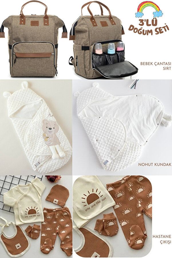 Allmart 3'lü Doğum Seti (Çıtçıtlı Nohut Kundak, Fonksiyonel Bebek Bakım Çantası ve %100Pamuk Hastane Çıkışı)