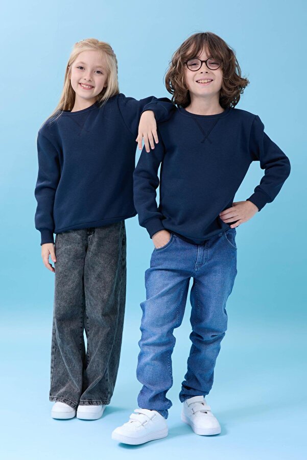 Perendi Unisex Basic Bisiklet Yaka Şardonlu Kışlık Sweatshirt - Lacivert