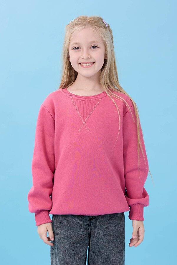 Perendi Unisex Basic Bisiklet Yaka Şardonlu Kışlık Sweatshirt - Gül Kurusu