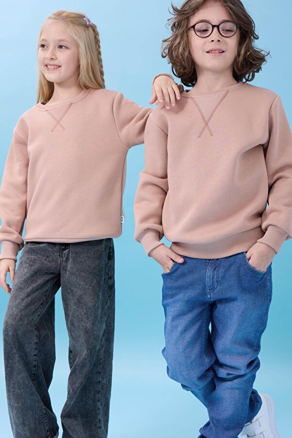 Perendi Unisex Basic Bisiklet Yaka Şardonlu Kışlık Sweatshirt - Toprak