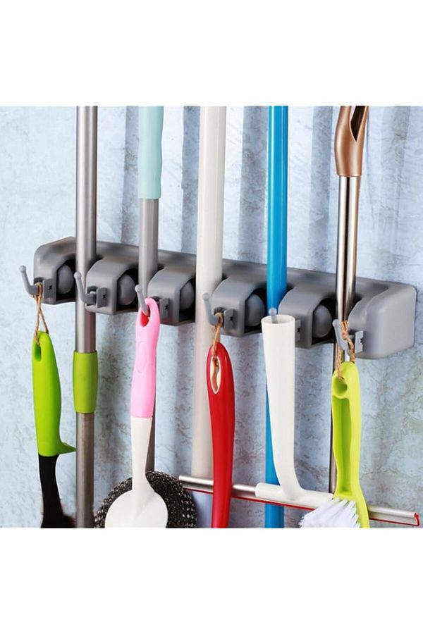 Generic-Togu Mop And Broom Holder Wall Mounted 5 Position Storage Rack With 6 Retractable Hooks Holds Up To 1