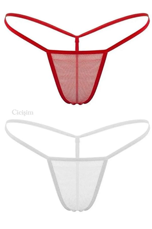 Cicişim-Red White 2-Piece Tulle See-Through String Thong Underwear 1