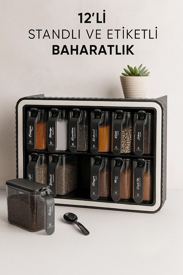 NESS HOME-12-Piece Self-Adhesive Spice Rack Set with Spoon - Labeled Handle and Lid 1