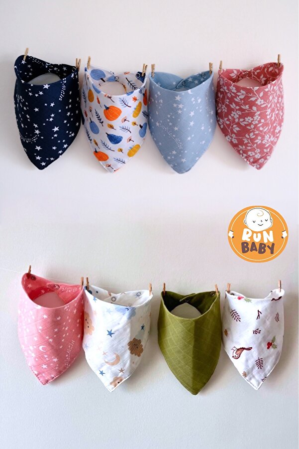 runbaby (8 Adet ) Run Baby Müslin Kumaş Çıtçıtlı Bebek Salya Önlük & Fular