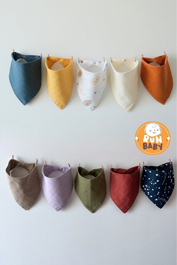 runbaby (10 ADET) Müslin Kumaş Çıtçıtlı Bebek Salya Önlük & Fular