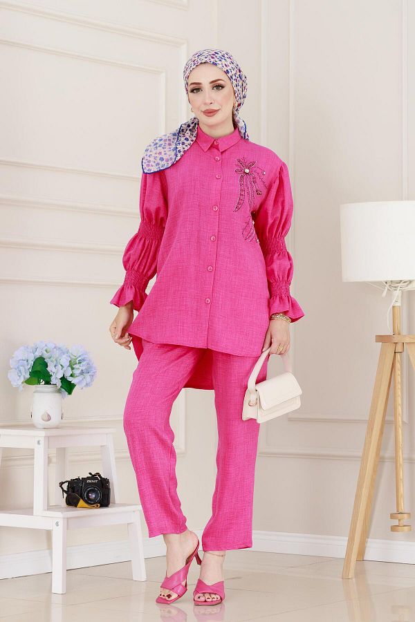 Sevitli-Double Suit with Stones on the Front and Elastic Sleeves - Fuchsia 1