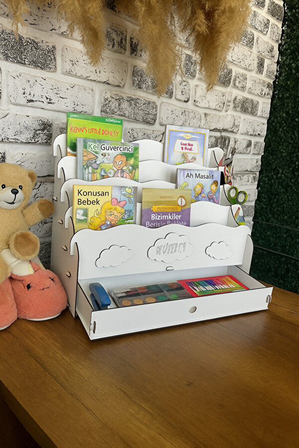 KLES Cute Cloudy Montessori Çekmeceli Ve Kalemlikli Çocuk Kitaplığı 4 Raflı Ahşap Masaüstü Kitaplık
