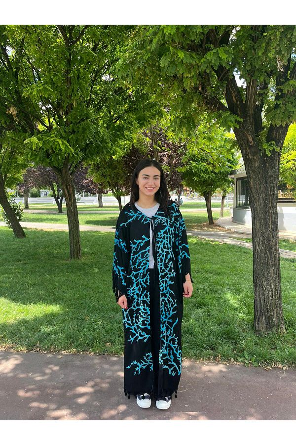 Sobe Hediyelik-Turquoise Branch Patterned Black Tie-Up Loose Kimono Kaftan - Standard Size 1
