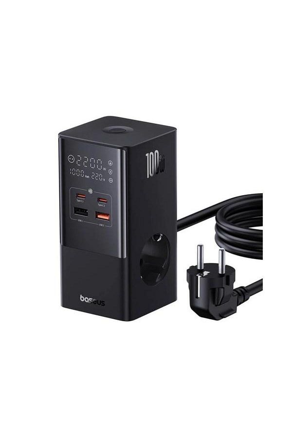 Baseus-Incarcator retea PowerCombo, cu prelungitor, 100W, 2x AC, 2x USB-C, 2x USB-A, 1.5m (Negru) 1