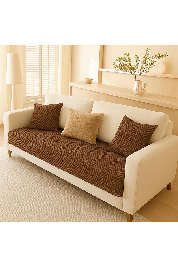 MER HOME-Zigzag Chevron Patterned Plush for Three Seater Sofa (1 Piece) 80*190cm Size (Coffee) Only Seating Cover 1