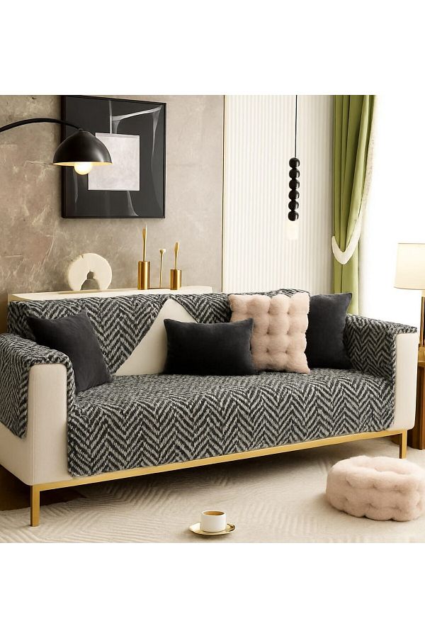 MER HOME-Zigzag Chevron Patterned Plush for Three Seater Sofa (1 Piece) 80*190cm Size (Black) Only Seating Cover 1