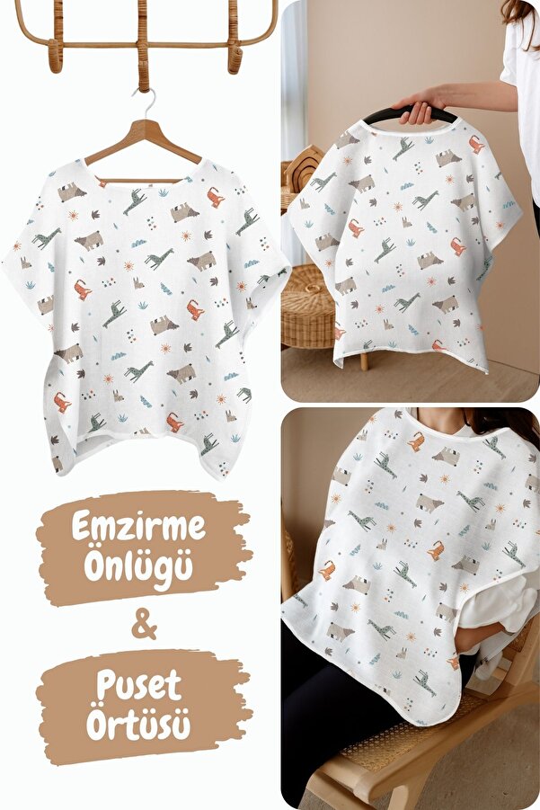 ESTİ Baby Çok Amaçlı Müslin Emzirme Önlüğü / Puset Örtüsü / Bebek Araba Örtüsü Pamuk 85x130 cm - Animal Party