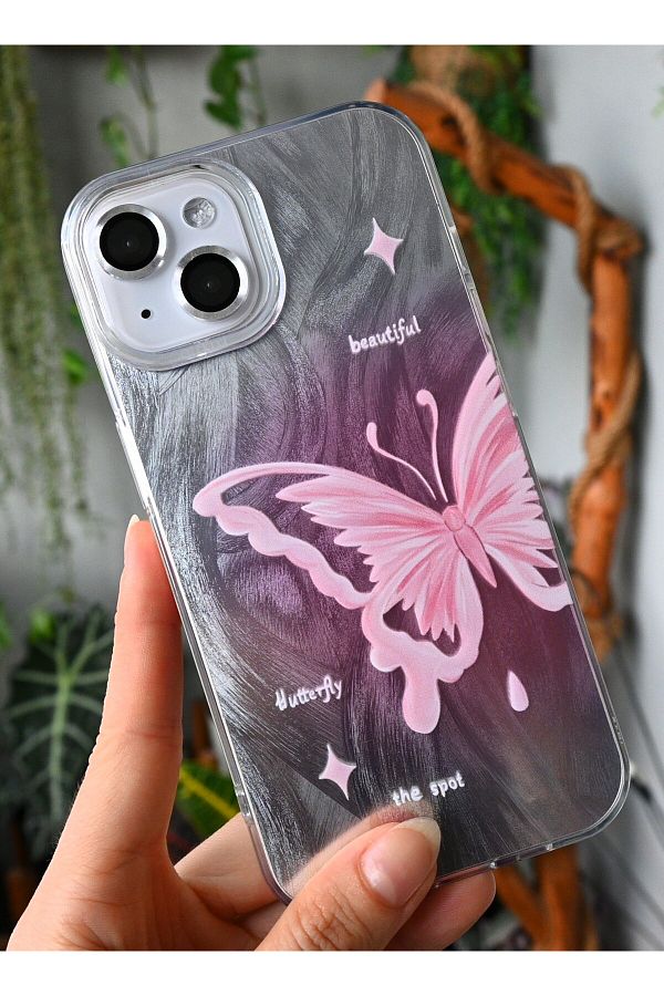Go Aksesuar-iPhone 15 - 14 - 13 Compatible Shine Butterfly Color Transition Shiny Design Silicone Case 1