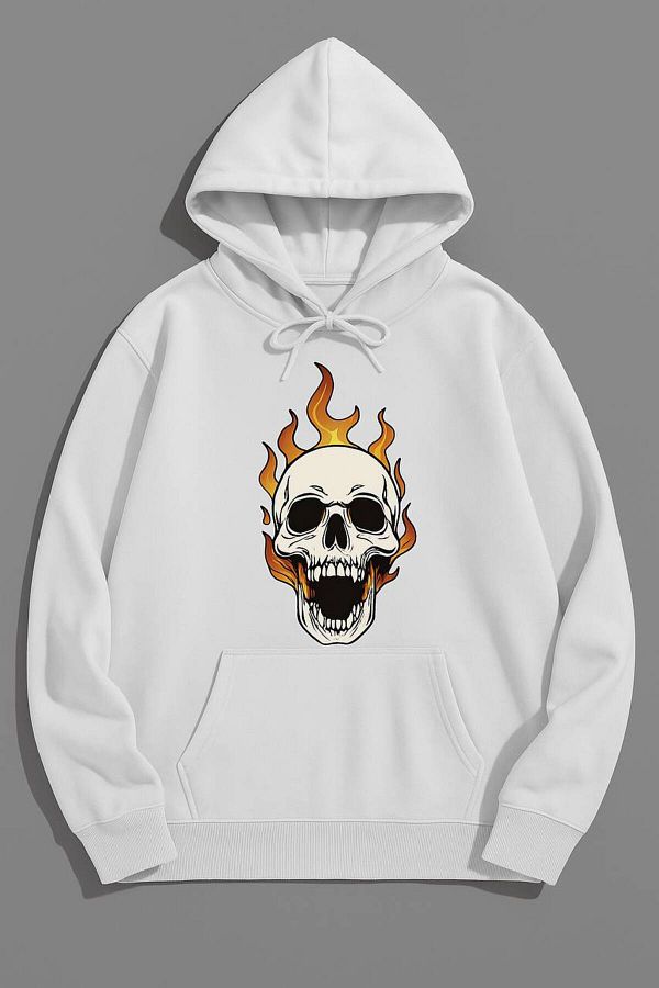 CLASSY.MODA-Flame Skull Patterned Hooded Sweatshirt 1