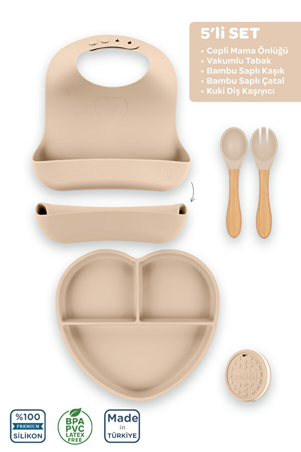 Moki Silikon 5'li Set Latte Bej / Mama Önlüğü, Mama Tabağı, Mama Kaşığı ve Çatalı, Diş Kaşıyıcı
