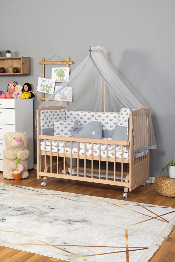 Bamgidoo Ahşap Beşik Anne Yanı Beşik Organik (BOYASIZ) 60x120 - Gri Balina Uyku Seti Yatak Tekerlekli
