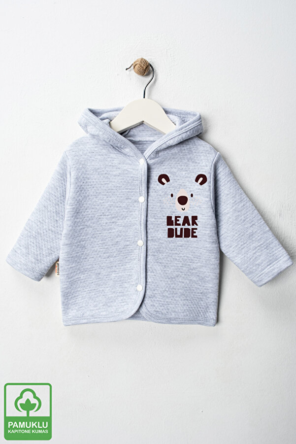 Miniel Unisex Bebek Bear Dude Baskılı Organik Pamuklu 6-9-12-18 Ay Kapitone Bebek Hırka